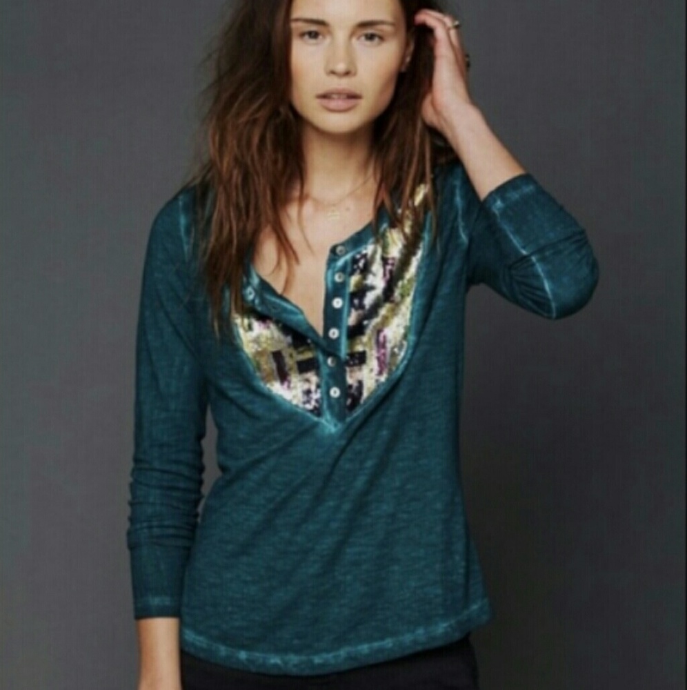 Free People Sequined Bib Long Sleeve Top Sz XS